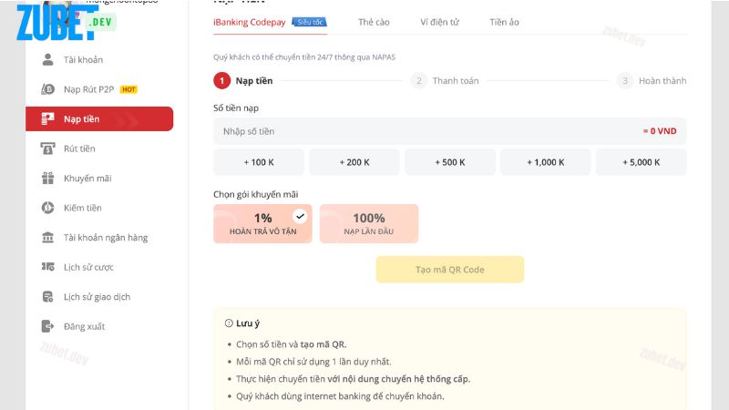 Các bước nạp tiền bằng app ngân hàng
