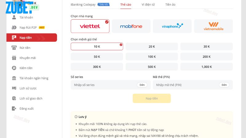 Nạp tiền Zubet qua thẻ cào điện thoại siêu nhanh